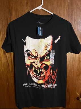 Hot Topic Black Falling In Reverse Demon Graphic Tee with Red and Cream Accents